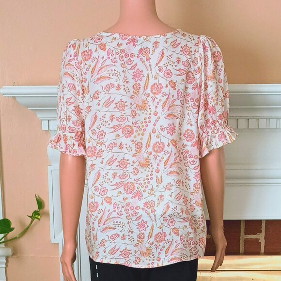 Lucky Brand Floral Smocked Peasant Top S/P Blush Pink Short Puff Sleeves - Picture 6 of 7